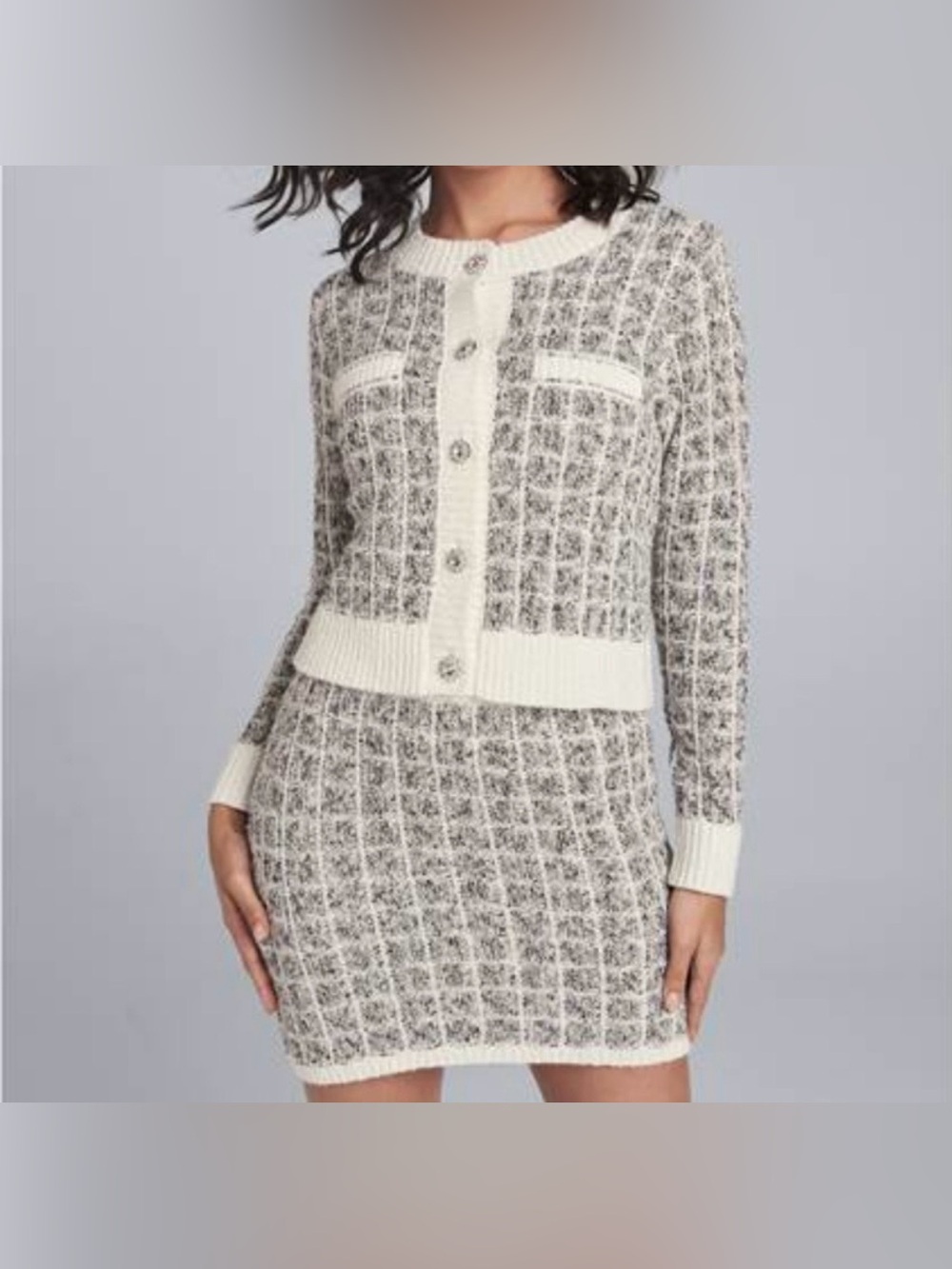 VENUS Cropped Ivory & Heather Gray Boucle Knit Cardigan & Mini Skirt Set NWOTs - Picture 1 of 9